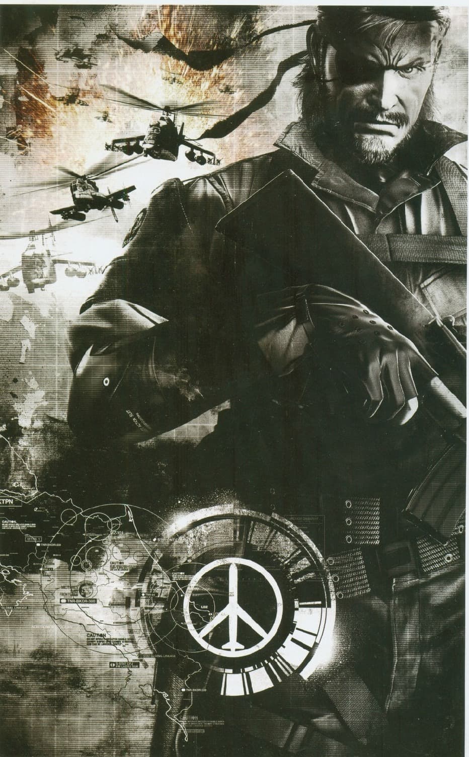 Big Boss, bearded and hard-eyed, in a long coat and gloves; behind him, helicopters in flight over a burning sky and a large disc bearing the peace symbol.