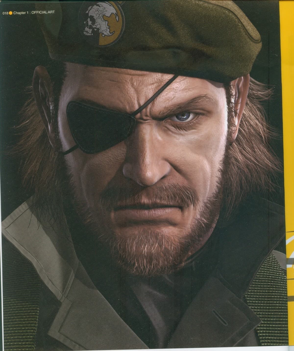 Primer plano realista de Big Boss con el ceño fruncido, barba castaña, parche negro en el ojo derecho y boina verde con el emblema de la calavera.