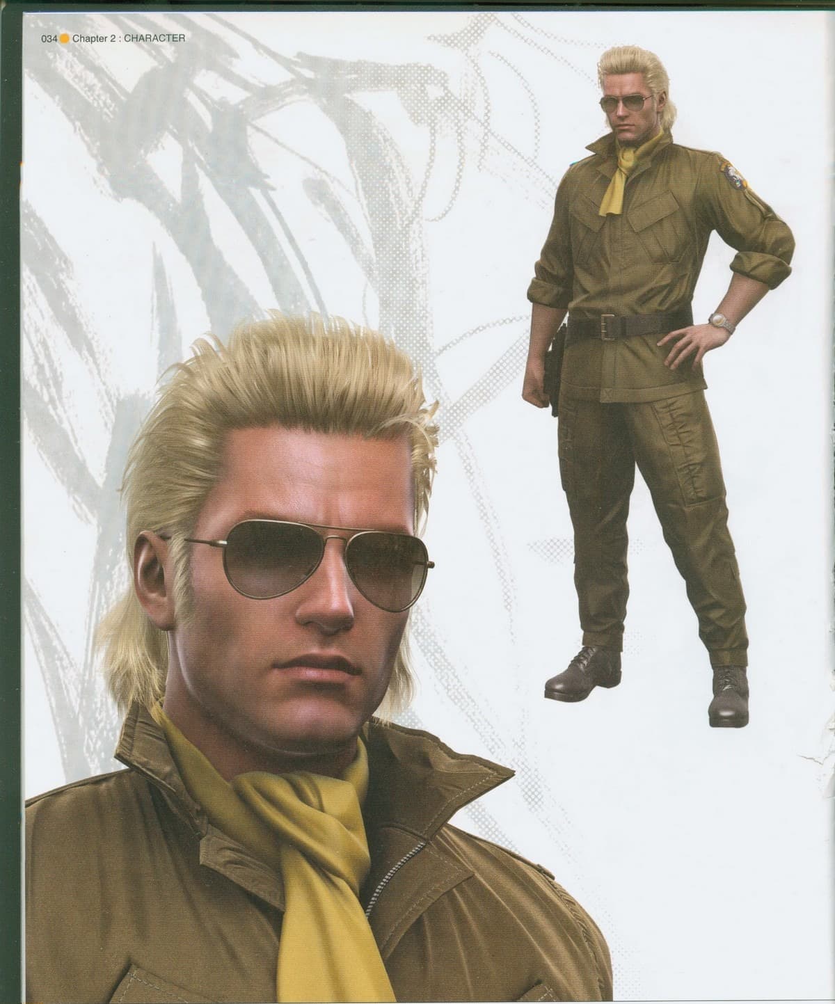 Hombre rubio de gafas de aviador y gabardina caqui con pañuelo amarillo al cuello, en primer plano; detrás, su figura completa en uniforme con las manos en la cintura.