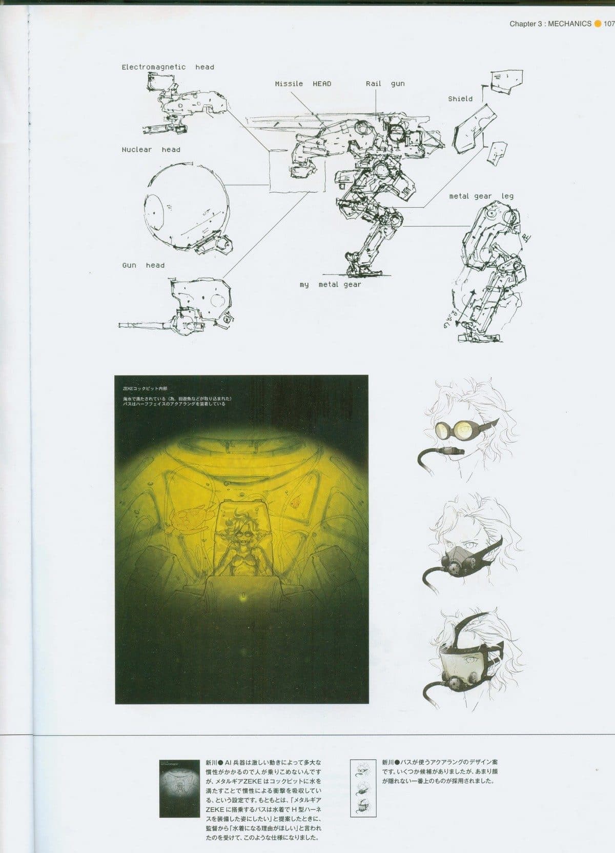 Diagrama de piezas intercambiables rotuladas en inglés —cabeza electromagnética, cabeza de misiles, cañón de riel, escudo, pierna— unidas por líneas al chasis central; debajo, la cabina anegada con una figura dentro y tres bocetos de máscaras de buceo.