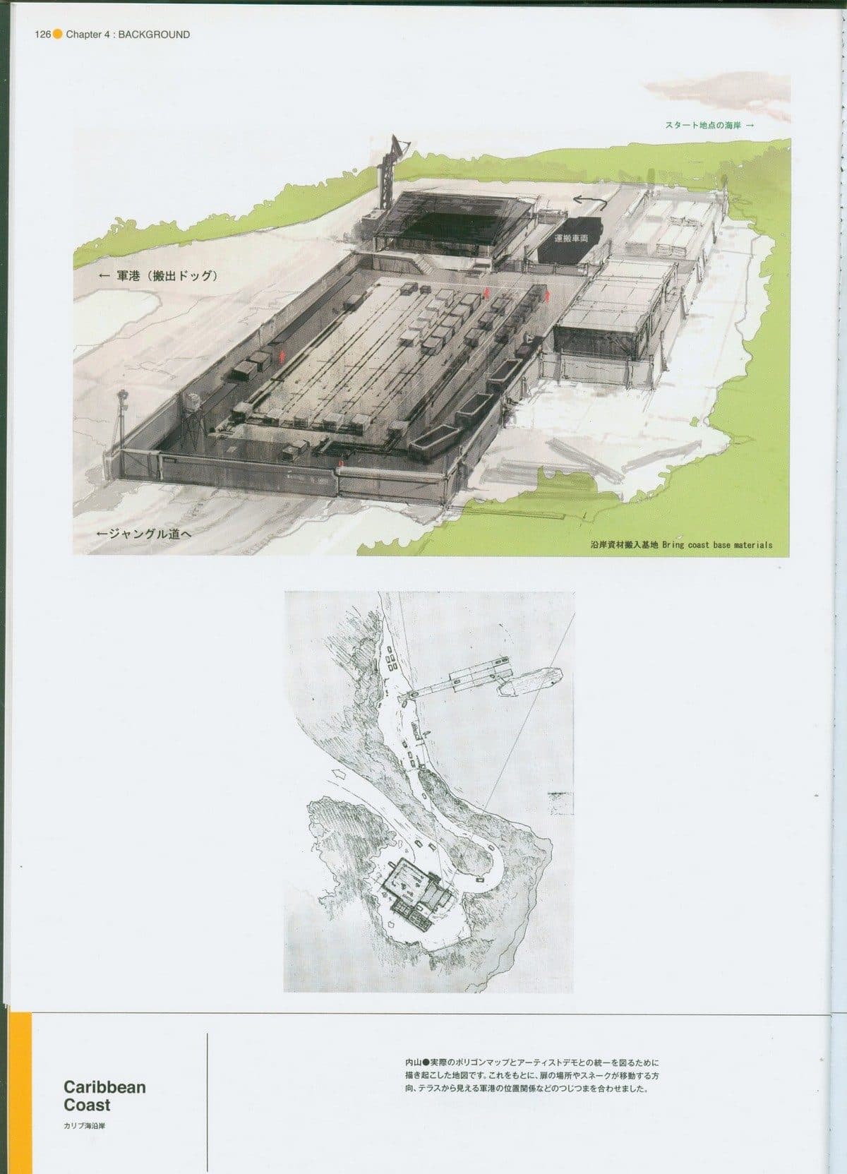 Vista en perspectiva de un muelle de carga alargado, con vagonetas y contenedores entre naves de techo bajo y la selva al fondo; debajo, un mapa a lápiz del mismo tramo de costa con el recorrido marcado.