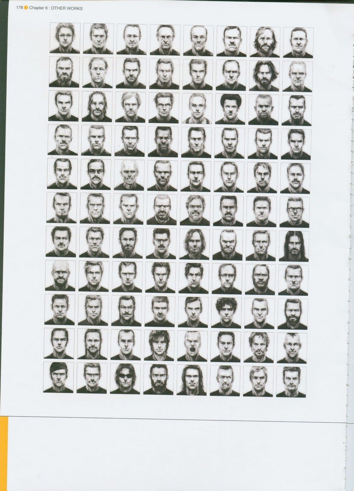 Rejilla de ochenta y ocho retratos de carné en blanco y negro, todos de frente y con la misma expresión neutra, distinguidos solo por barbas, calvicies, gafas y peinados.