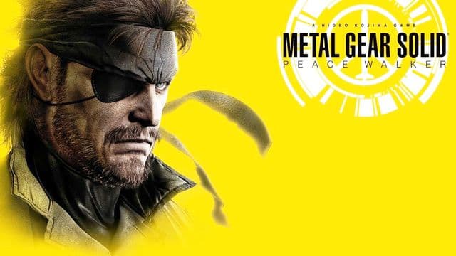 Busto de Big Boss con parche en el ojo y el pañuelo al viento, recortado sobre un fondo amarillo liso; a la derecha, el logotipo del juego sobre un disco con el símbolo de la paz.