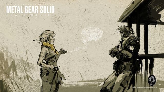 Dibujo a pincel: una mujer con pañuelo amarillo al cuello apunta con una pistola a un hombre armado que la escucha apoyado en el pilar de un cobertizo.