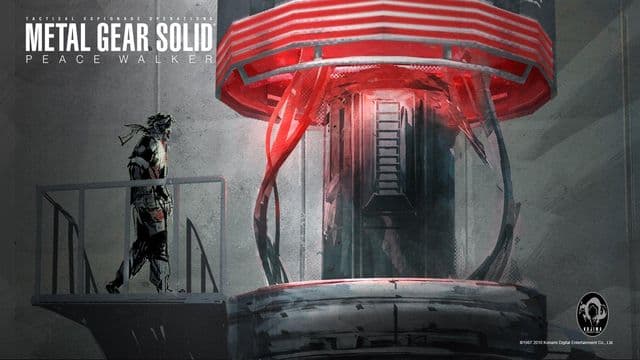 Un soldado camina por una pasarela metálica junto a una máquina enorme de núcleo iluminado en rojo, con haces de cables que cuelgan hasta el suelo de hormigón.