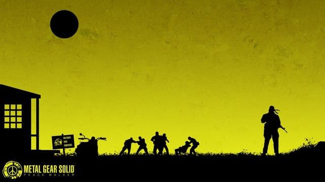 Escena a contraluz sobre fondo amarillo: soldados practicando cuerpo a cuerpo junto a un barracón y un cartel de Militaires Sans Frontières, bajo un sol negro.
