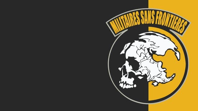 Emblema de Militaires Sans Frontières: una calavera cuyo cráneo dibuja los continentes, dentro de un círculo partido entre el negro y el amarillo, bajo una cinta con el nombre de la unidad.